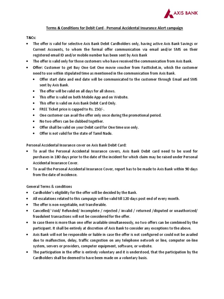 AXIS BANK Personal Accidental Insurance Claim PDF Debit Card Taxes