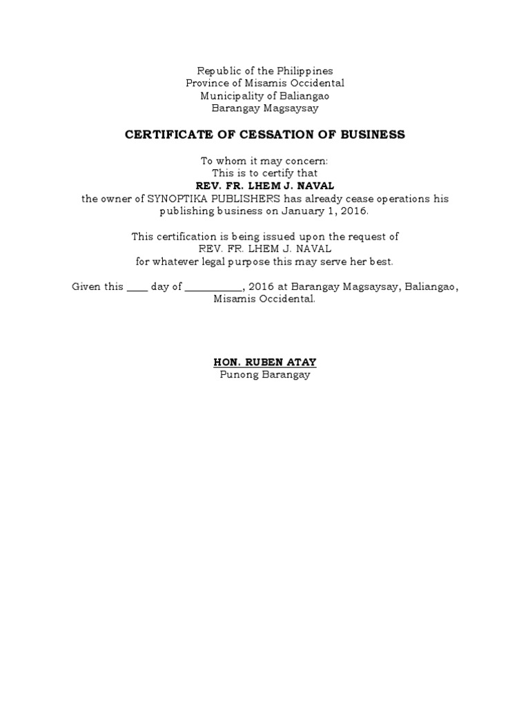 Cessation of Business Affidavit Document