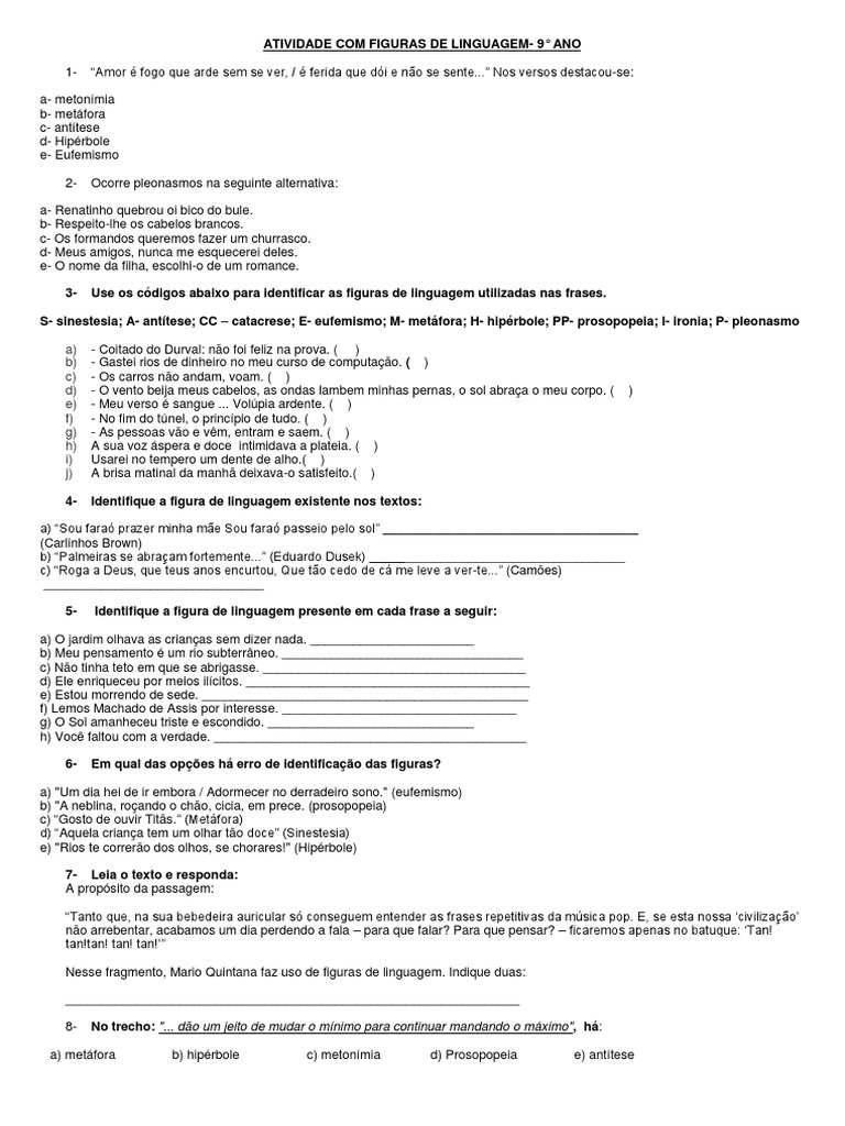 Atividades Com Figuras de Linguagem 9º Ano Alunos | Metáfora | Técnicas ...