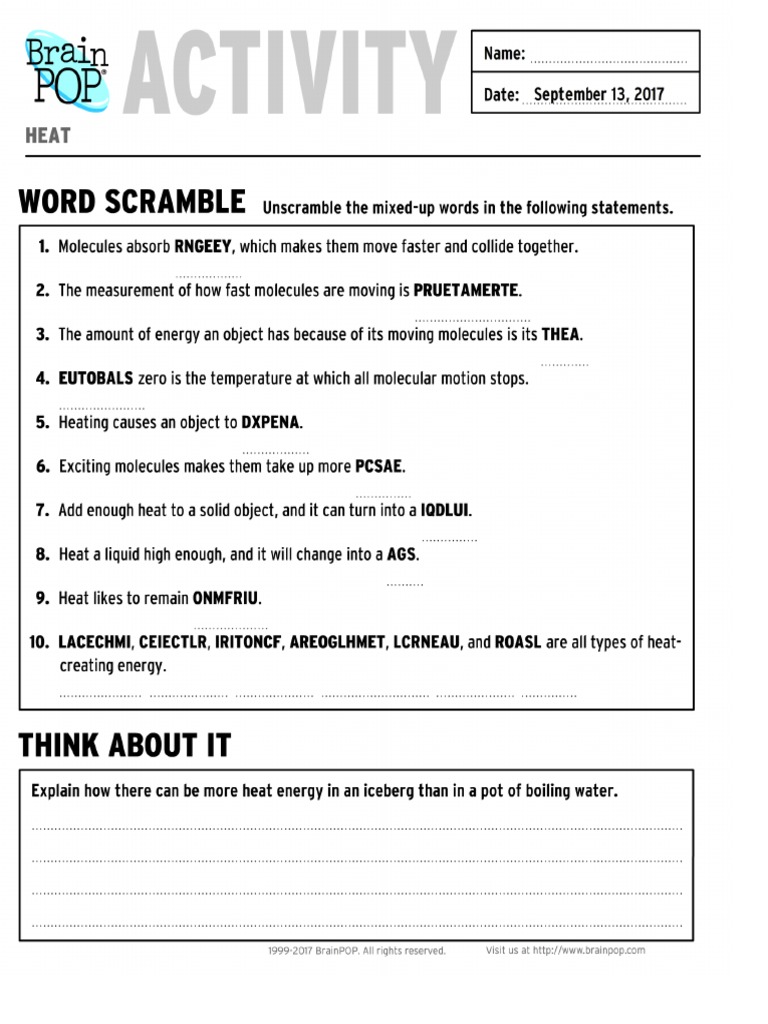 heat activity pages brainpop 1