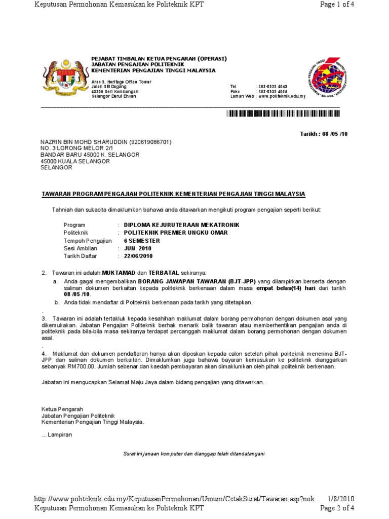 Cetak Surat Tawaran Kolej Komuniti 2018