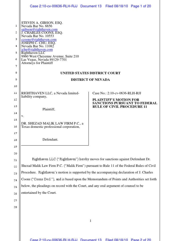 Righthaven’s Motion for Rule 11 Sanctions against Defendant Malik Law