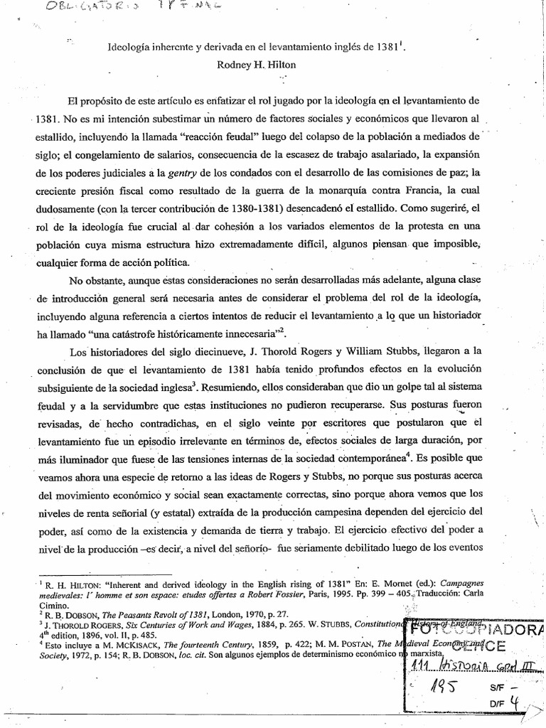 Hilton, Rodney Ideología Inherente y Derivada en El Levantamiento