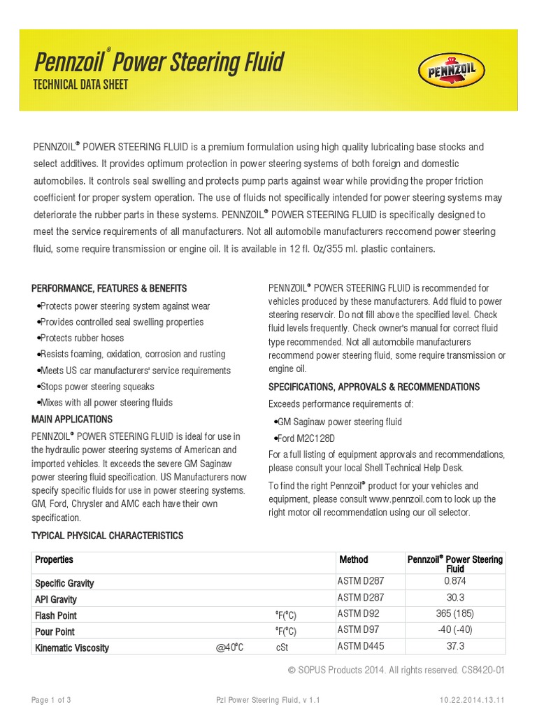 Pennzoil Power Steering Fluid Motor Oil Viscosity