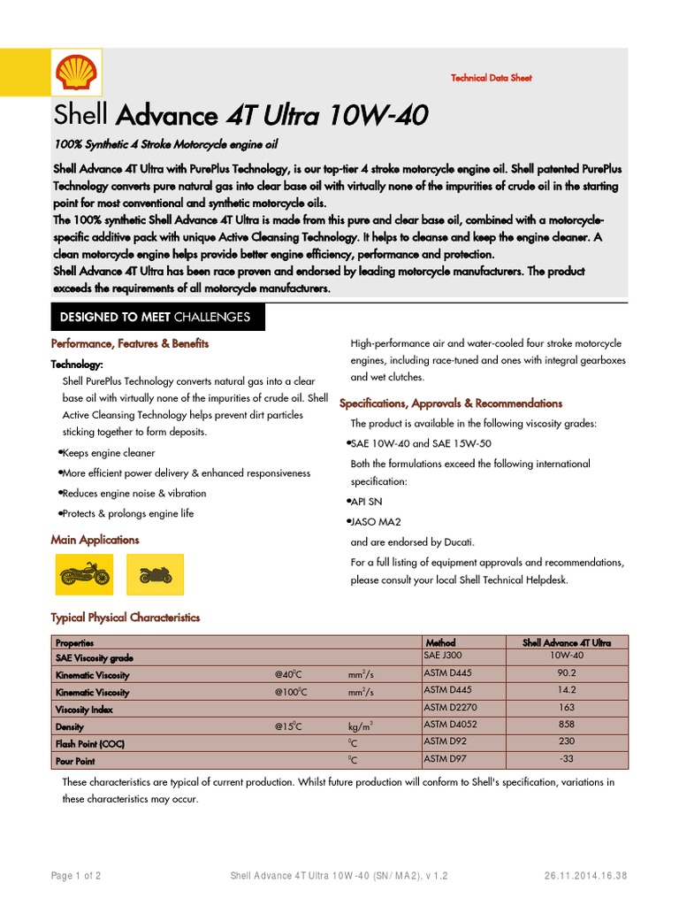 Shell Advance 4T Ultra 10W-40 Specs | PDF | Motor Oil | Chemistry
