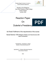 Reaction Paper On Duterte's Presidency: As Partial Fulfillment of The Requirements of The Course Social Science 105