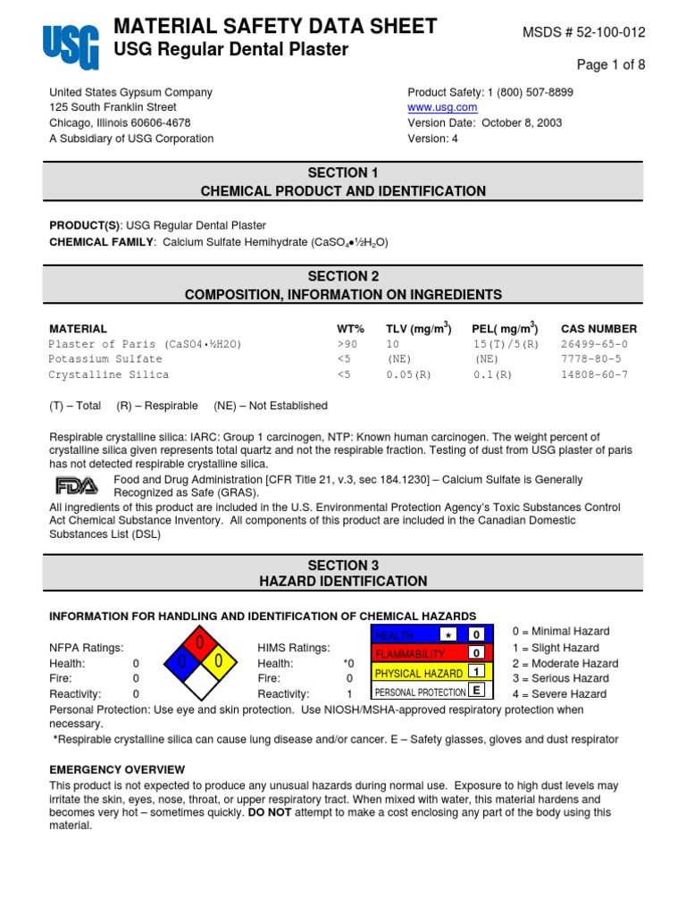 Usg Regular Dental Plaster PDF Resource Conservation And Recovery