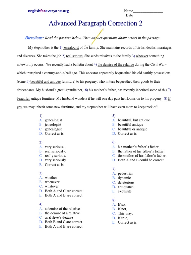 Advanced Paragraph Correction Exercise | PDF | Genealogy | Kinship And ...