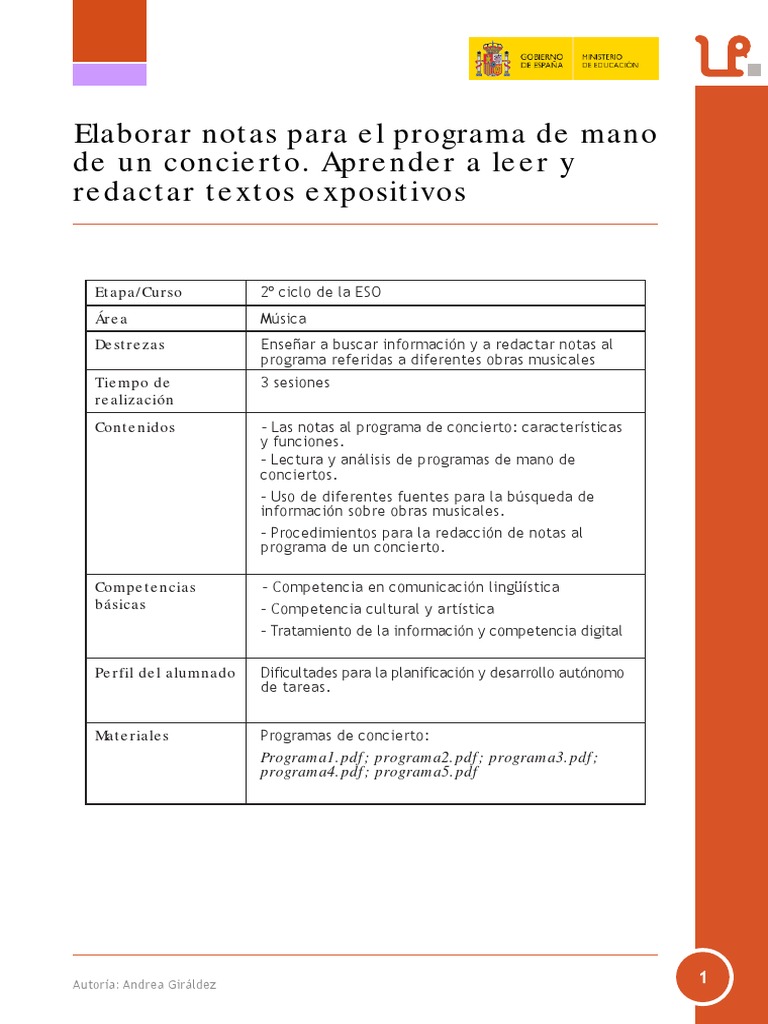 Aprender Elaborar Notas para El Programa de Mano de Un Concierto PDF ...