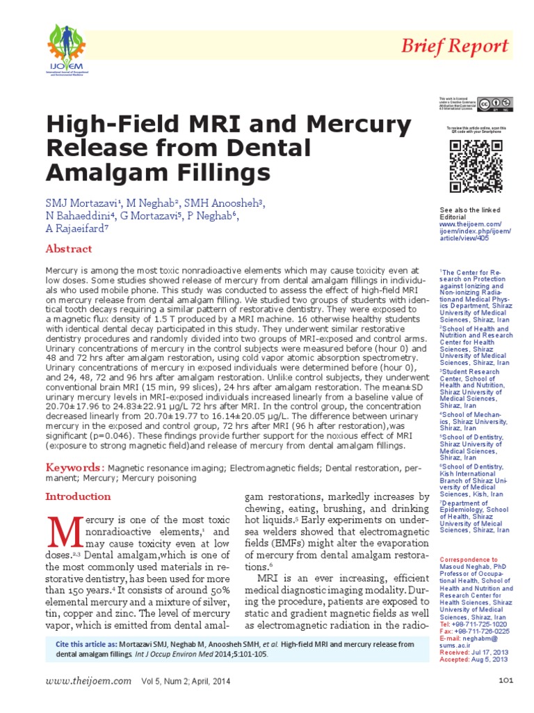 HighField MRI and Mercury Release From Dental Amalgam Fillings PDF