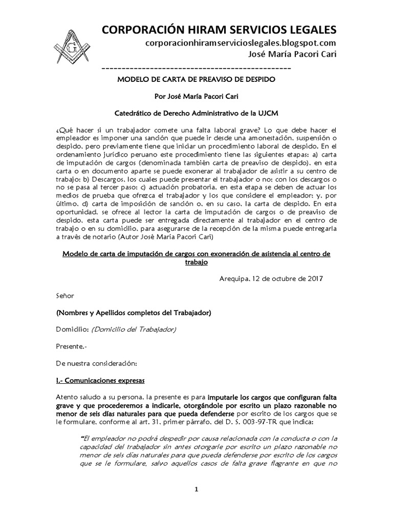 Modelo de Carta de Preaviso de Despido - Autor José María 