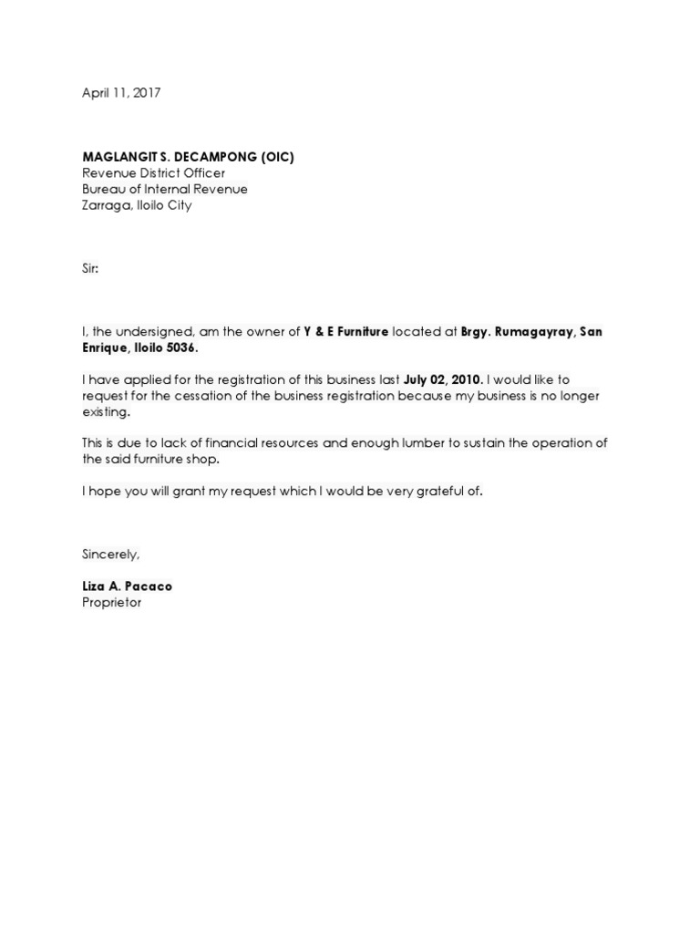 Bir Closure Letter Business