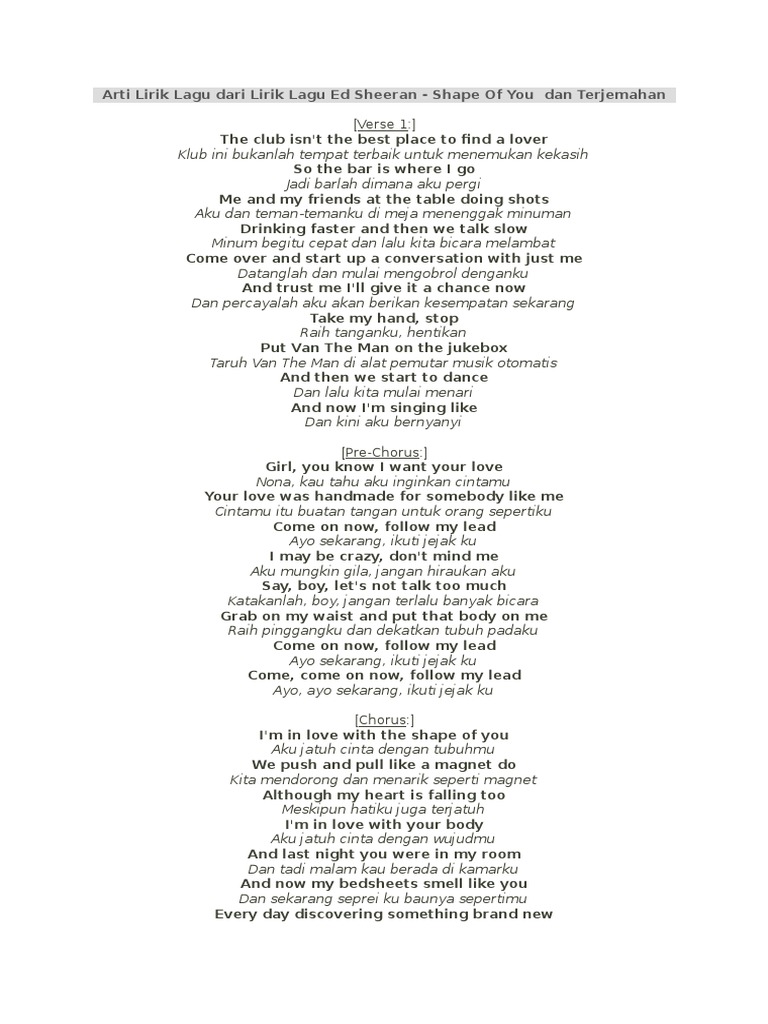 Lirik Lagu Ed Sheeran Shape Of You Arsia Lirik