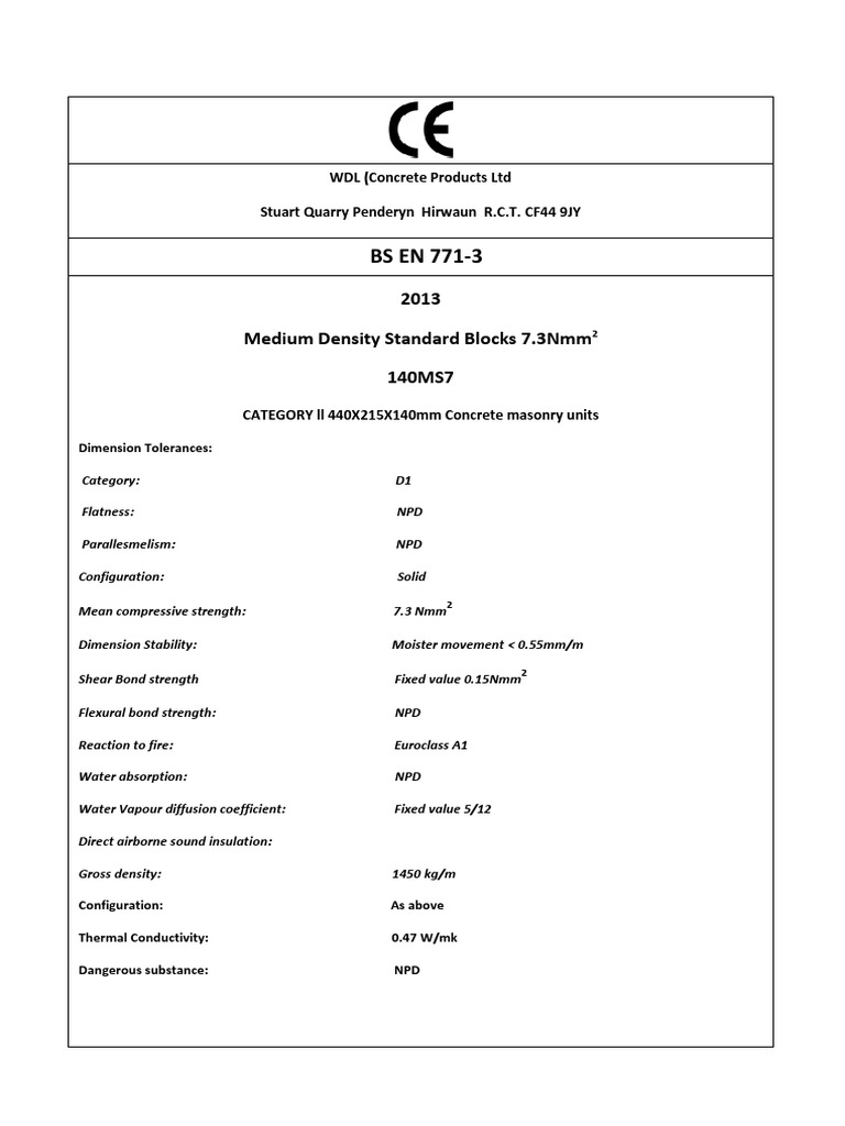BS EN 771-3: 2013 Dense Concrete Blocks 100DS7 | PDF | Masonry | Concrete