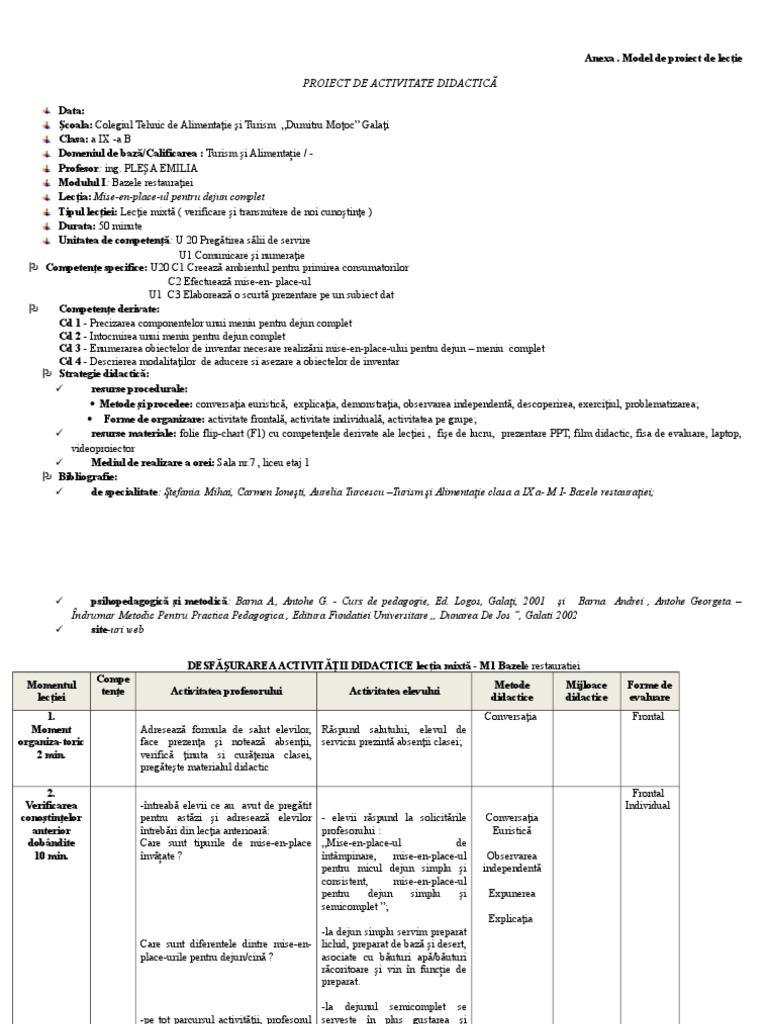 Model de Proiect de Lecție | PDF