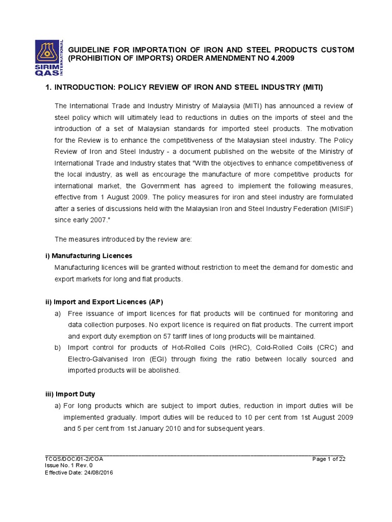 2 TCQS DOC 01 2 COA Guidelines For Importation of Metal Products PDF