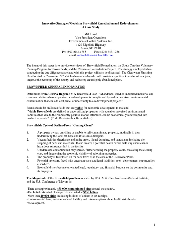 Brownfield Case Study PDF Environmental Remediation Loans