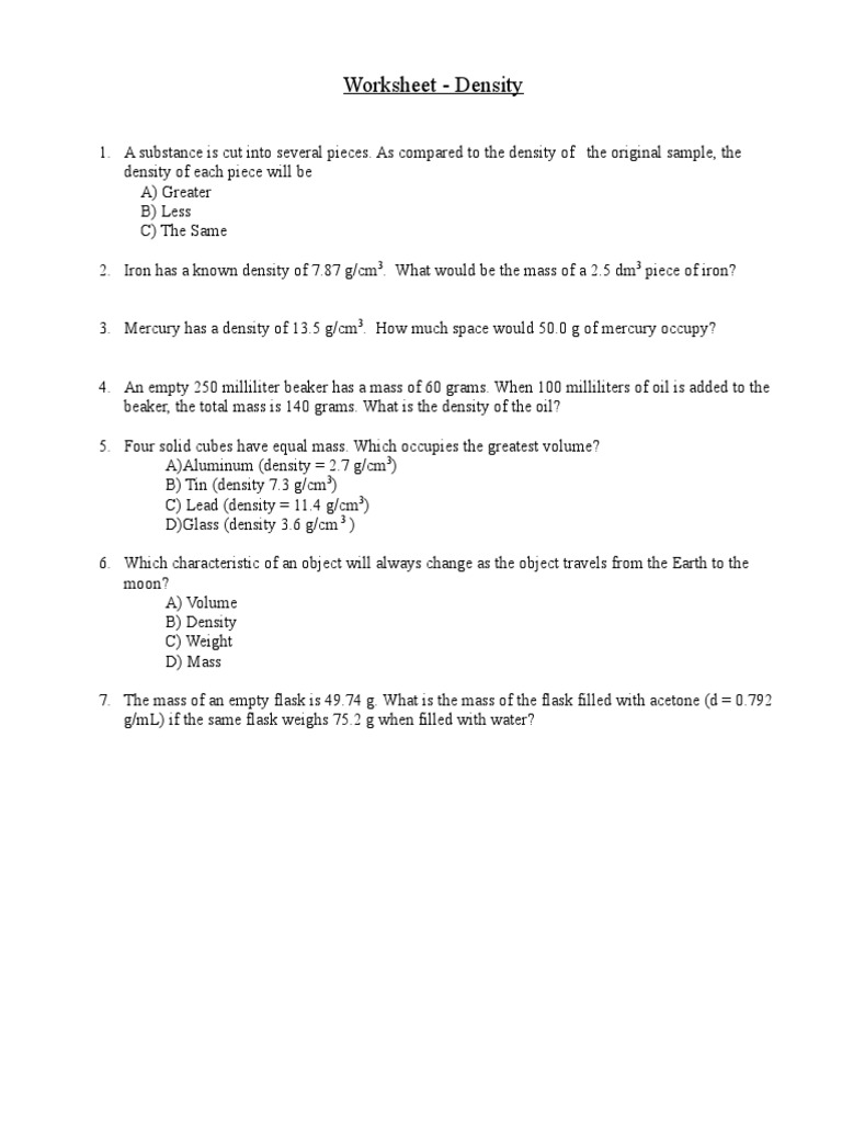 Worksheet Density
