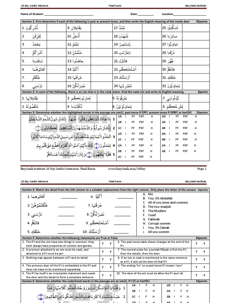10-Day Arabic Intensive - Final Exam | PDF | Grammar | Morphology