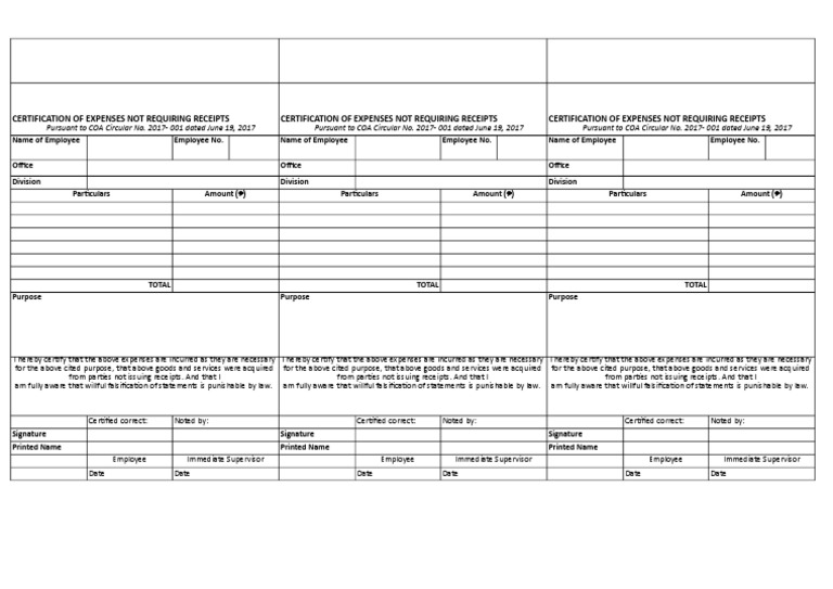 Certification of Expenses Incurred Without Receipts as Required by COA ...