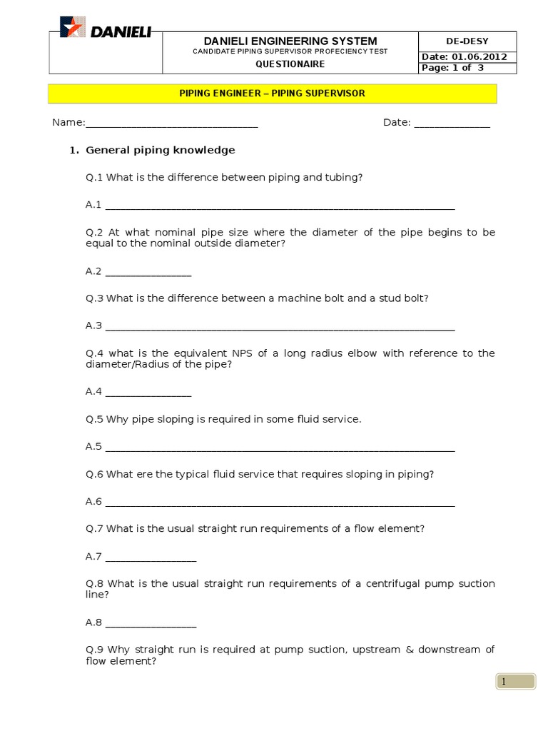 Piping Supervisor Proficiency Test Guide | PDF | Pipe (Fluid Conveyance ...