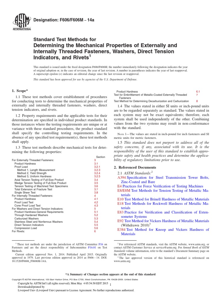 Determining The Mechanical Properties of Externally and Internally Threaded Fasteners, Washers
