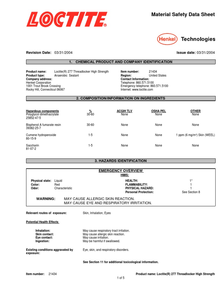MSDS Henkel Loctite 277 Threadlocker Sealant Thread 10ml 21434 (1