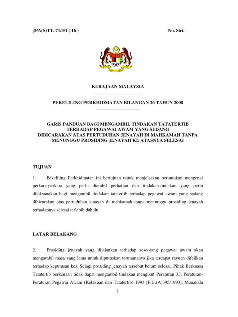 Pekeliling Perkhidmatan Bil 26 2008 Tindakan Tatatertib Tdp Pegawai Sedang Dibicara Atas Pertuduhan Jenayah Di Mahkamah Tanpa Tunggu Prosiding Selesai Pdf