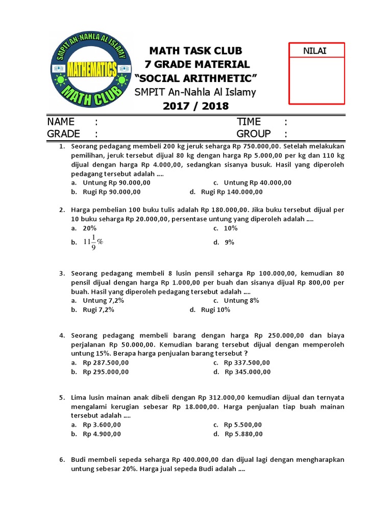 Soal Aritmatika Sosial Kelas 7 | PDF | Griya & Taman