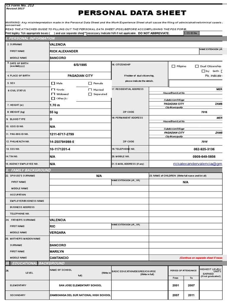 01 CS Form No. 212 Revised Personal Data Sheet | PDF | Affidavit ...