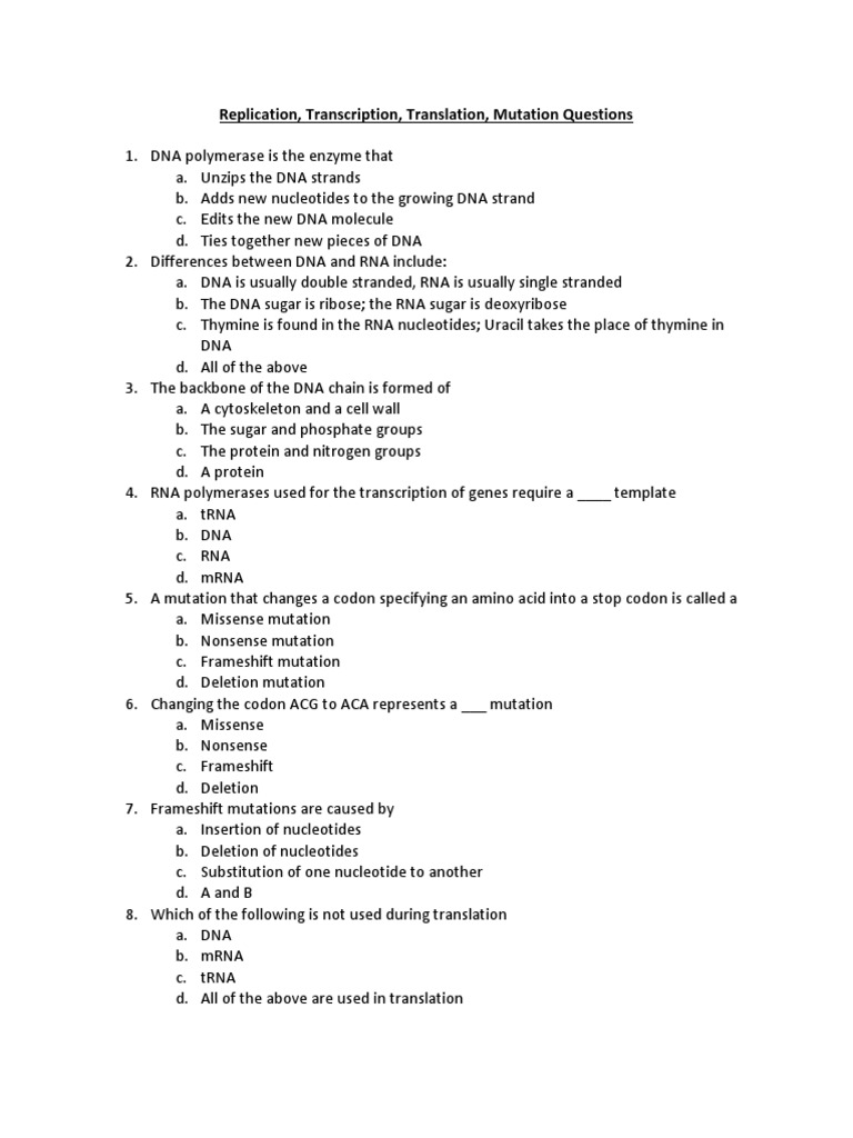 Replication, Transcription, Translation, Mutation Questions | PDF