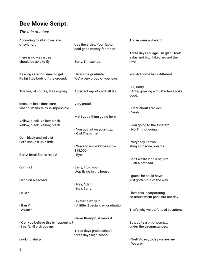 Bee Movie Script. The Tale of A Bee PDF Bees Beehive