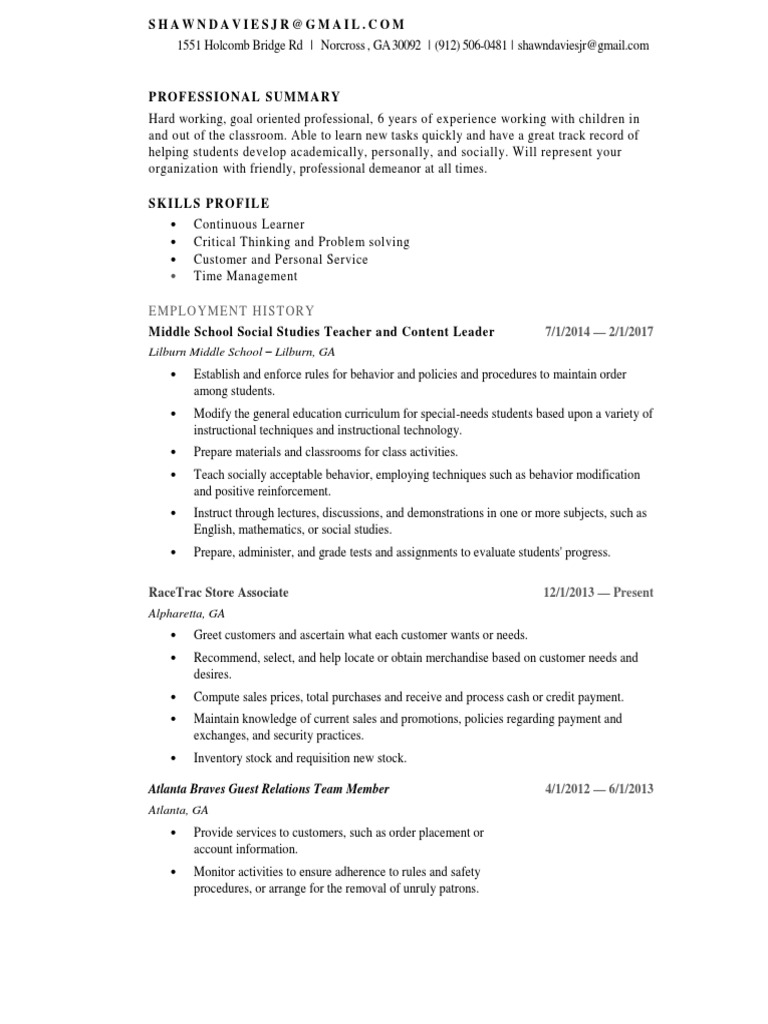 Employment History Lilburn Middle School Lilburn, GA PDF