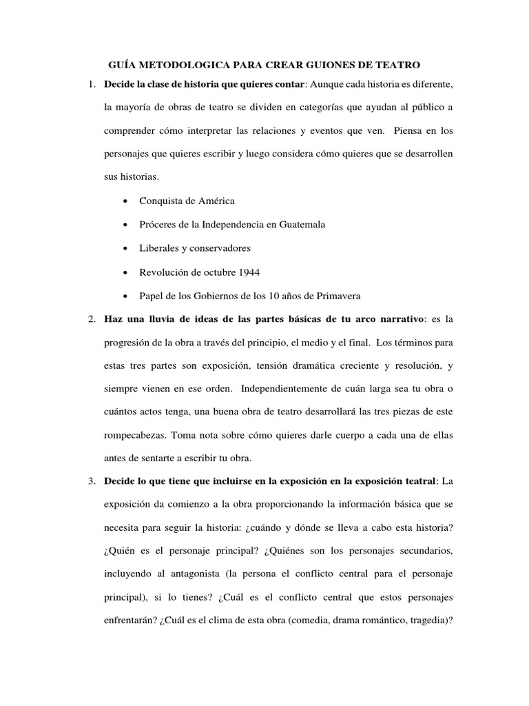 Grifo Respetuoso del medio ambiente sello Guia para Escribir Guiones Teatrales | PDF | Teatro | Conflicto (proceso)