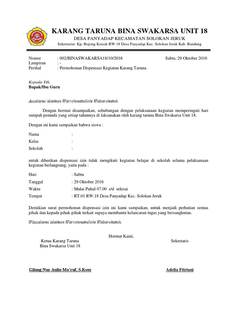Surat Izin Dari Karang Taruna Sumpah Pemuda