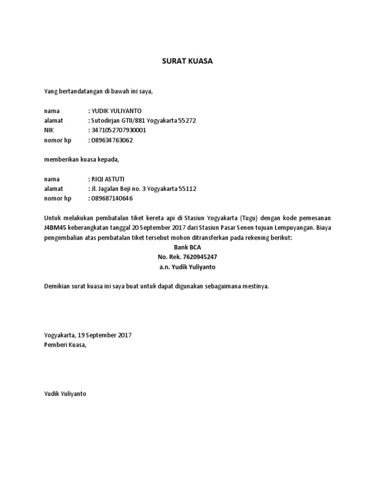 Surat Kuasa Untuk Pembatalan Tiket Kereta Api Kumpulan