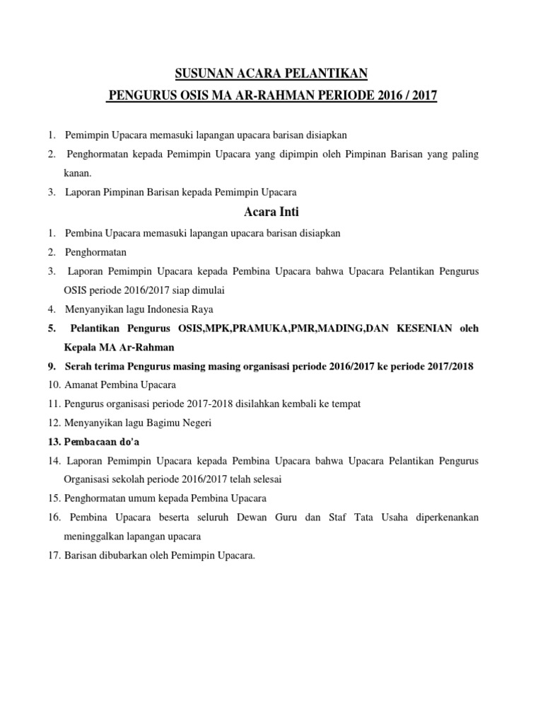 Susunan Acara Pelantikan