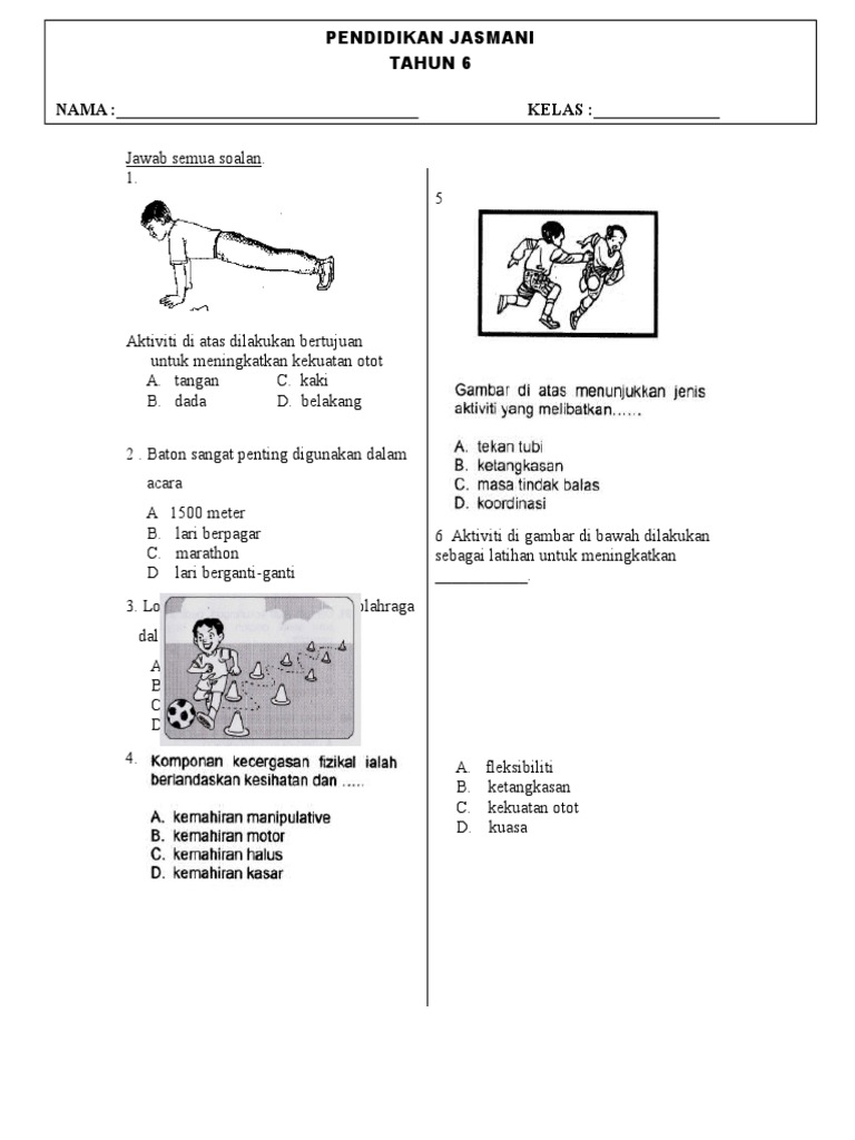 Soalan PJK Pendidikan Jasmani & Kesihatan Tahun 6 Ujian 1 Bulan 
