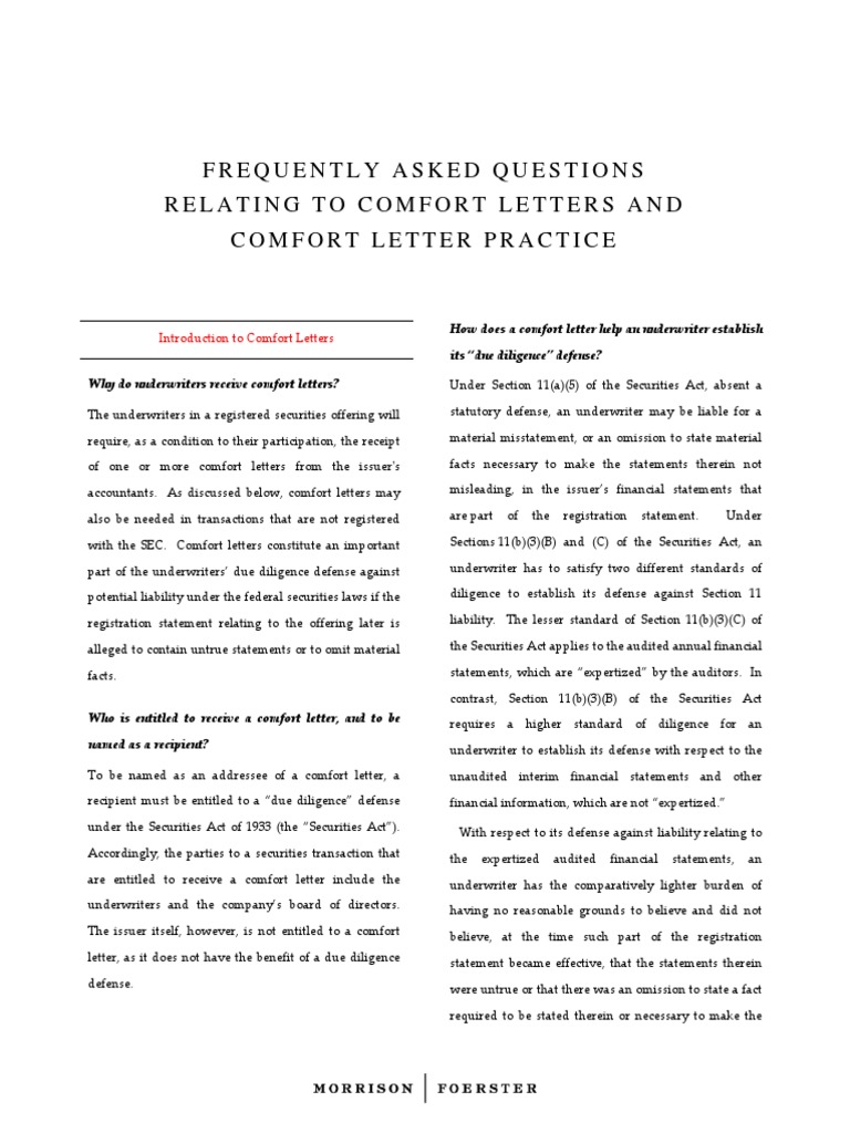 FREQUENTLY ASKED QUESTIONS RELATING TO COMFORT LETTERS AND COMFORT