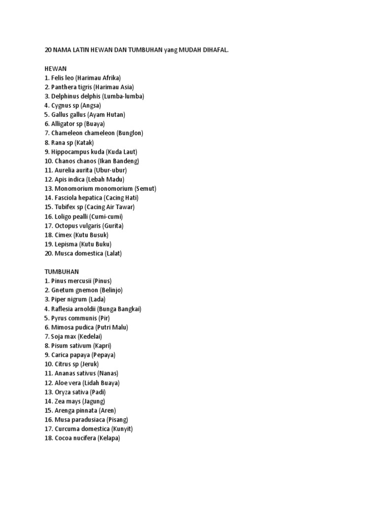 20 Nama  Latin  Hewan  Dan Tumbuhan Yang  Mudah Dihafal