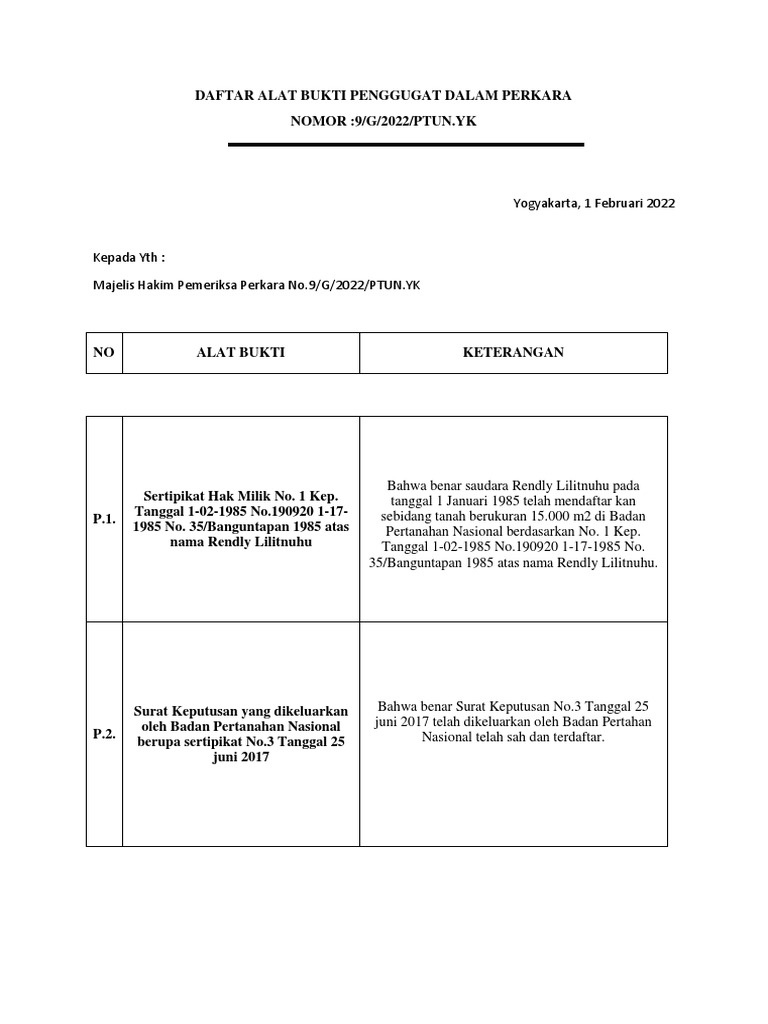 Daftar Alat Bukti Penggugat Dalam Perkara (P) | PDF