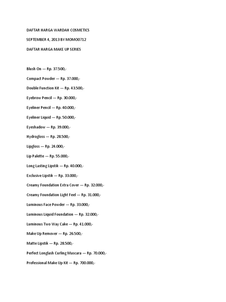 Daftar Harga Produk Wardah 2013 | PDF | Cosmetics | Toiletry