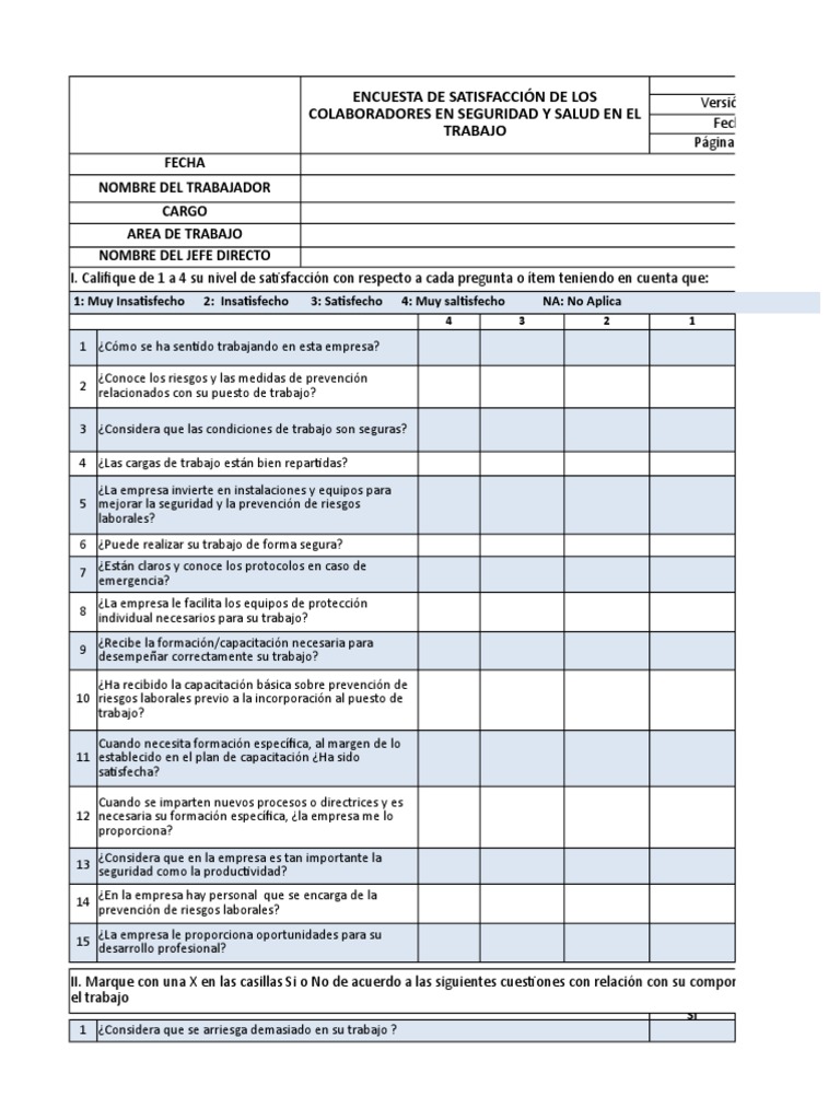 Formato de Encuesta de Satisfaccion Colaboradores SST | PDF | Seguridad y  salud ocupacional | Bienestar
