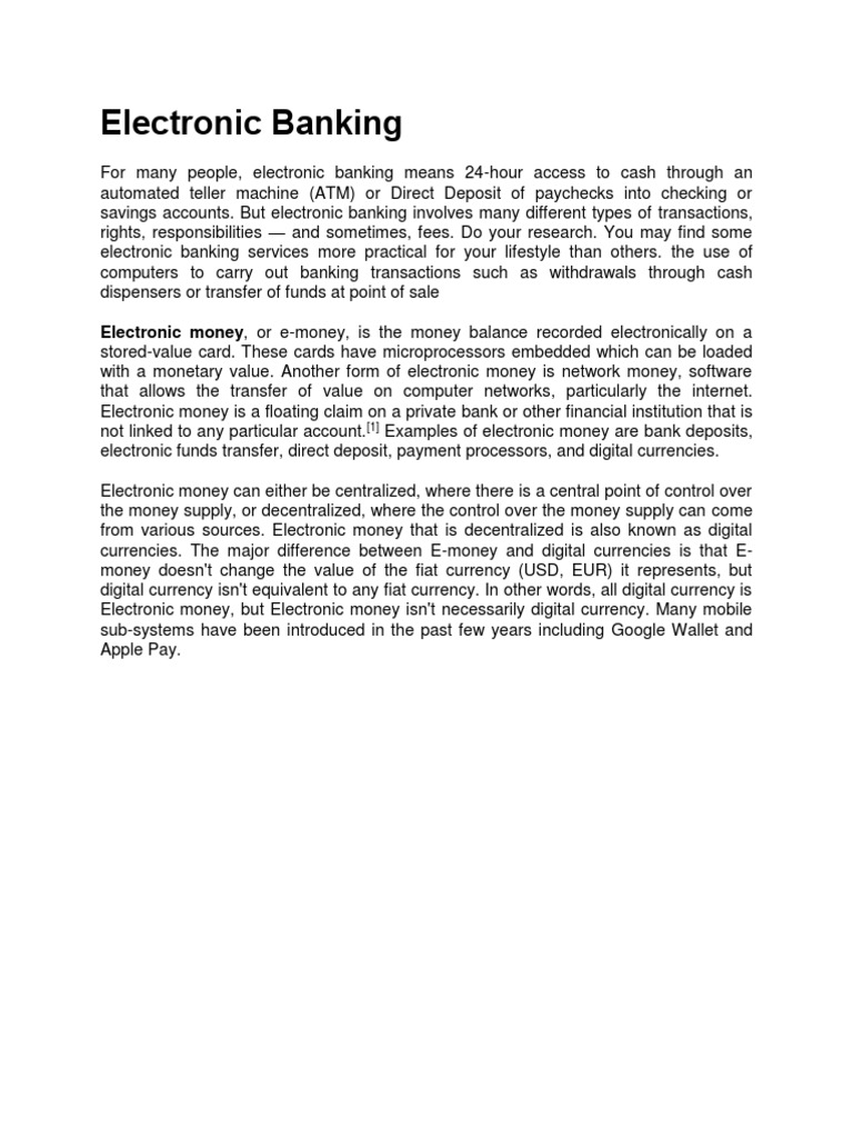 Electronic Banking Electronic Money, or EMoney, Is The Money Balance