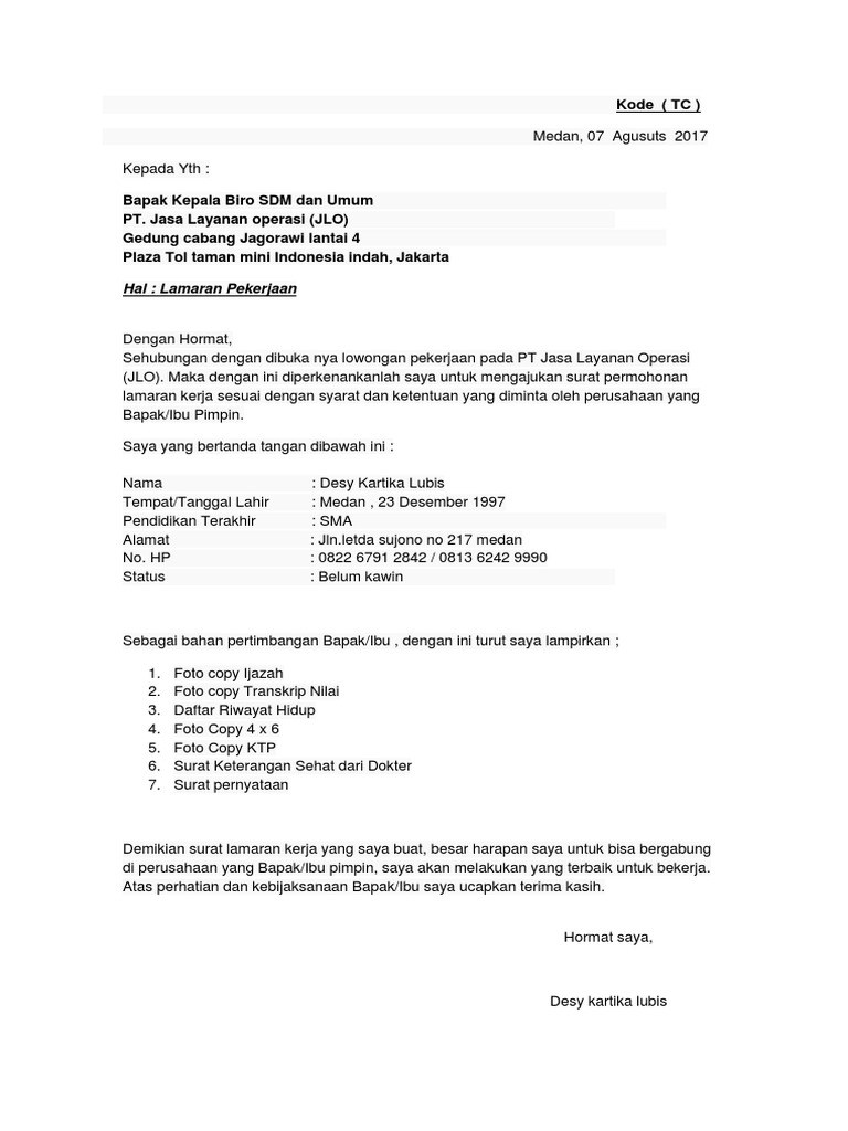 Download 92+ Contoh Surat Lamaran Kerja Yang Diminta Gratis