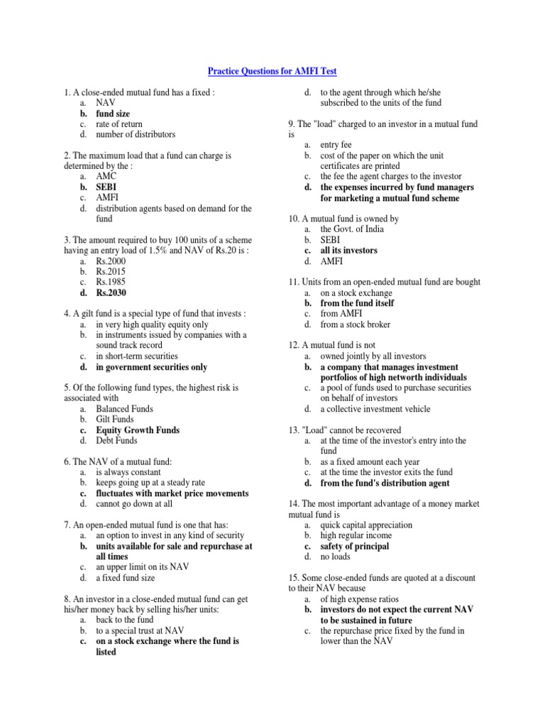 AMFI Test Practice Questions | PDF | Mutual Funds | Bonds (Finance)