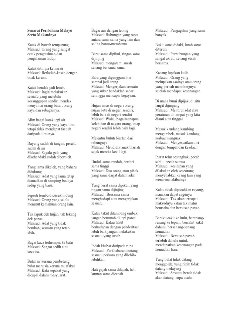 Senarai Peribahasa Melayu Serta Maksudnya Dan Nilai Murni Bhah Pdf
