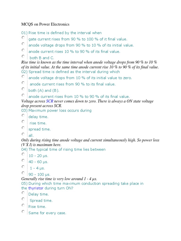 MCQS On Power Electronics 5 PDF Bipolar Junction Transistor Field