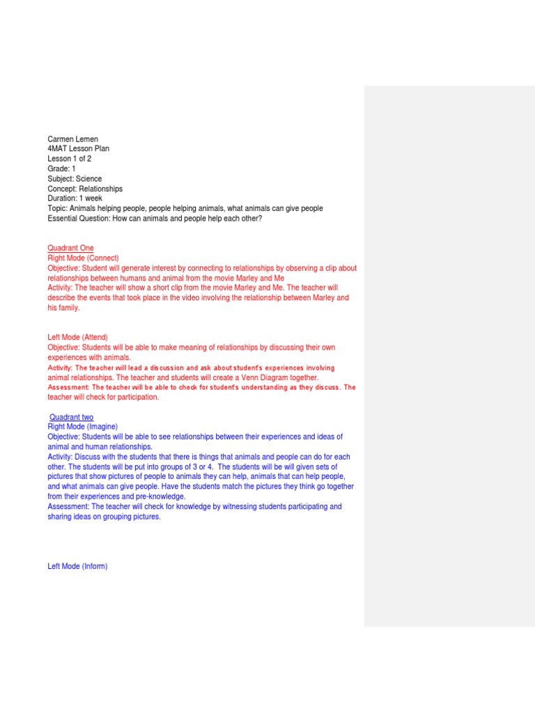 4mat Lesson Plan Final Pdf Educational Assessment Lesson Plan