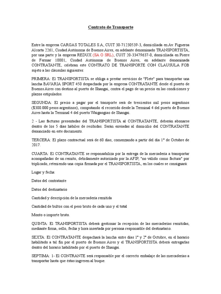 Ejemplo de contrato de transporte Mediación Buenos Aires
